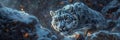 Moonlit snow leopard portrait in rocky terrain, detailed photorealism with piercing eyes Royalty Free Stock Photo