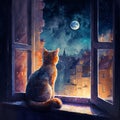 Moonlit Tale: Cozy Cat Watching Over the City