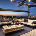 Moonlit Terrace: A rooftop terrace designed for stargazing, featuring a telescope, lunar-inspired decor, and cozy seating under