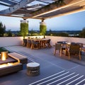 Moonlit Terrace: A rooftop terrace designed for stargazing, featuring a telescope, lunar-inspired decor, and cozy seating under