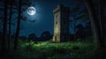 Mysterious Stone Tower Under Full Moon in Dark Forest Royalty Free Stock Photo