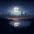 Moonlit urban vista Vector art depicts full moons elegance on cityscape backdrop