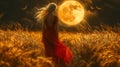 Moonlit Whispers: Woman in Crimson Amongst the Golden Wheat Royalty Free Stock Photo