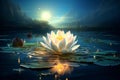 Moonlit white lotus flower glowing on tranquil dark blue water background at night Royalty Free Stock Photo