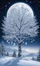 A Moonlit Winter Landscape With A Snow-Covered Tree Adorned With Glistening Ornament. Generative AI