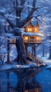 Moonlit Winter Luxury: The Incredible Duplication of a Candy Land Tree House Nestled in a Snowy Forest Royalty Free Stock Photo