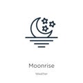 Moonrise icon. Thin linear moonrise outline icon isolated on white background from weather collection. Line vector sign, symbol
