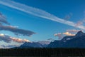 Moonrise an sunset at Rocky mountains in the banff national park Royalty Free Stock Photo