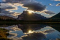 Moonrise at Vermilion Lakes in summer night. Banff National Park, Canadian Rockies. Royalty Free Stock Photo