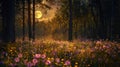 The moons gentle glow illuminates a carpet of colorful wildflowers painting the forest floor in shades of purple pink