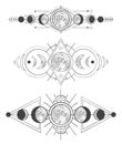 Moons phases in mystic sky. Mother moon, hand drawn pagan tattoo or sketch wicca moon goddess vector illustration set. Lunar Royalty Free Stock Photo