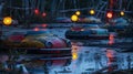 The moons reflection dances on the still waters of the abandoned bumper cars their colorful lights forever silent. . Royalty Free Stock Photo