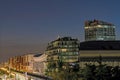 Moonset Crescent Over La Defense District at Night in Paris Royalty Free Stock Photo