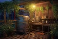 moonshine still on a wooden deck surrounded by plants