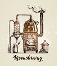 Moonshining. Vintage hooch sketch. Vector illustration