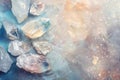 moonstone crystals geode close up on stone background, esoteric blue mineral texture on grey surface Royalty Free Stock Photo