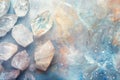 moonstone crystals geode close up on stone background, esoteric blue mineral texture on grey surface Royalty Free Stock Photo