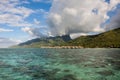 Moorea - coral reefs in front of  overwater bungalows, French Polynesia, South Pacific Islands Royalty Free Stock Photo