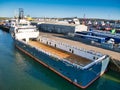 Moored in Aberdeen Harbour, the large working deck of the Highland Guardian, an Offshore Supply Ship built in 2013