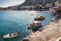 Moored boats at sunrise at Matala beach in Crete Island, Greece Royalty Free Stock Photo