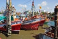 Pran Buri / Thailand: July 04 2015 - Moored colorful messy fishing boats Royalty Free Stock Photo