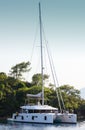 Moored in a lagoon catamaran. Rest on the sea, boat trip.