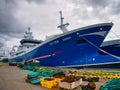 Moored at Lerwick harbour, the Adenia LK193, a midwater trawler built in 2019 - one of the Shetland pelagic fishing fleet