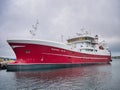 Moored at Lerwick harbour, the Research LK 62, a midwater trawler built in 2018