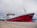 Moored at Lerwick harbour, the Research LK 62, a midwater trawler built in 2018