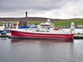 Moored at Lerwick harbour, the Research LK 62, a midwater trawler built in 2018