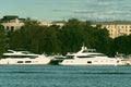 moored motor yachts in city marina Royalty Free Stock Photo