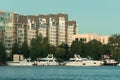 moored motor yachts in city marina Royalty Free Stock Photo