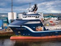 Moored in the Port of Aberdeen, Scotland, the Highland Prestige, an offshore tug / supply ship