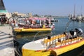 Moored touristic boats on the dock in Acre, Israel