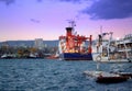 Anchored vessels at evening port Royalty Free Stock Photo