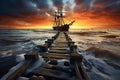 Moored wooden ship, sunset whispers tales of maritime history