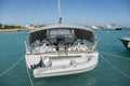 Moored yacht in port. Several motor boats moored at the dock. Yatchs in marina