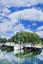 Moored yachts in a green harbor, Woudrichem, The Netherlands Royalty Free Stock Photo