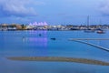 Moored yachts and marina at dusk.