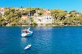 Moored yatch in the harbor of a small town Splitska - Croatia, island Brac