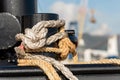 Mooring bollard with ropes or hawsers on the ship Royalty Free Stock Photo