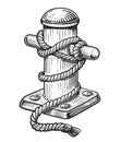 Mooring bollard with ship rope. Marine concept. Sketch vintage vector illustration