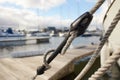 Mooring compensator of rope tension. Detail of boat.