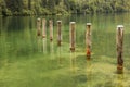 Mooring poles at St Bartholoma pier. Konigssee. Germany