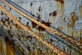 Mooring ropes on the background of the side of the ship. Royalty Free Stock Photo