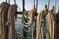 Mooring ropes coiled on a old boat. Strong braided ropes for anchoring the boat in sunset light. Royalty Free Stock Photo