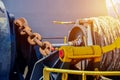 Mooring winch lass forward deck cargo ship. Royalty Free Stock Photo