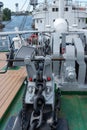 Mooring winches on the deck of a container ship, equipment on the deck of a ship