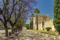 Moorish Alcazar and the lacy shadow of lushly flowering jacaranda trees in Puerto Street in Jerez de la