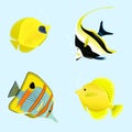 Moorish idol, butterfly tropical fish and zebrasoma, yellow sailing fish. vector illustration